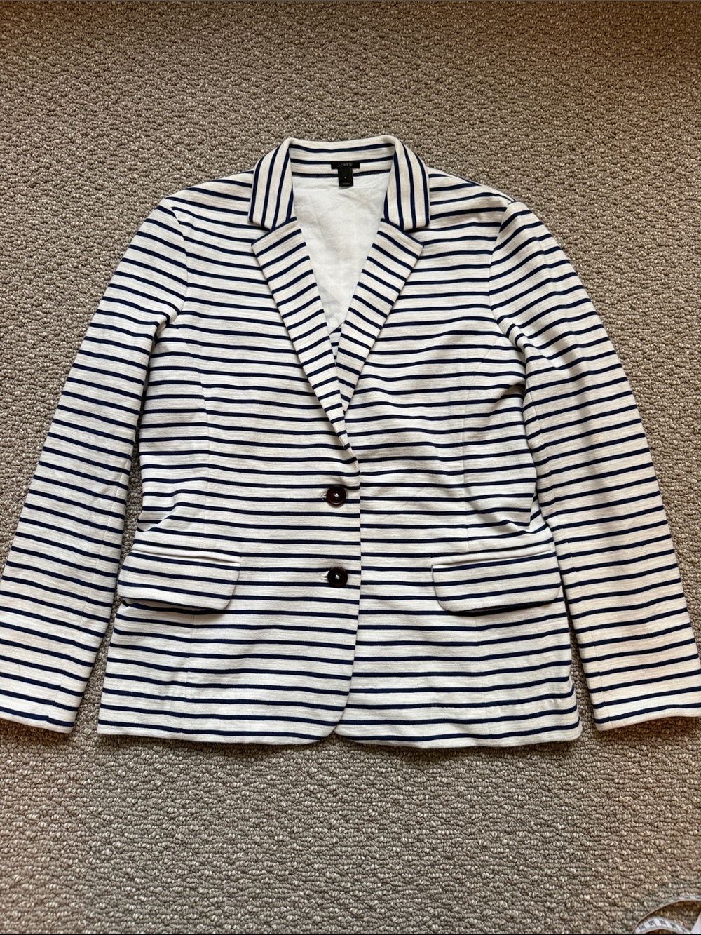 Women’s Navy & White Striped Blazer Size Small Cotton Blend Nautical Casual